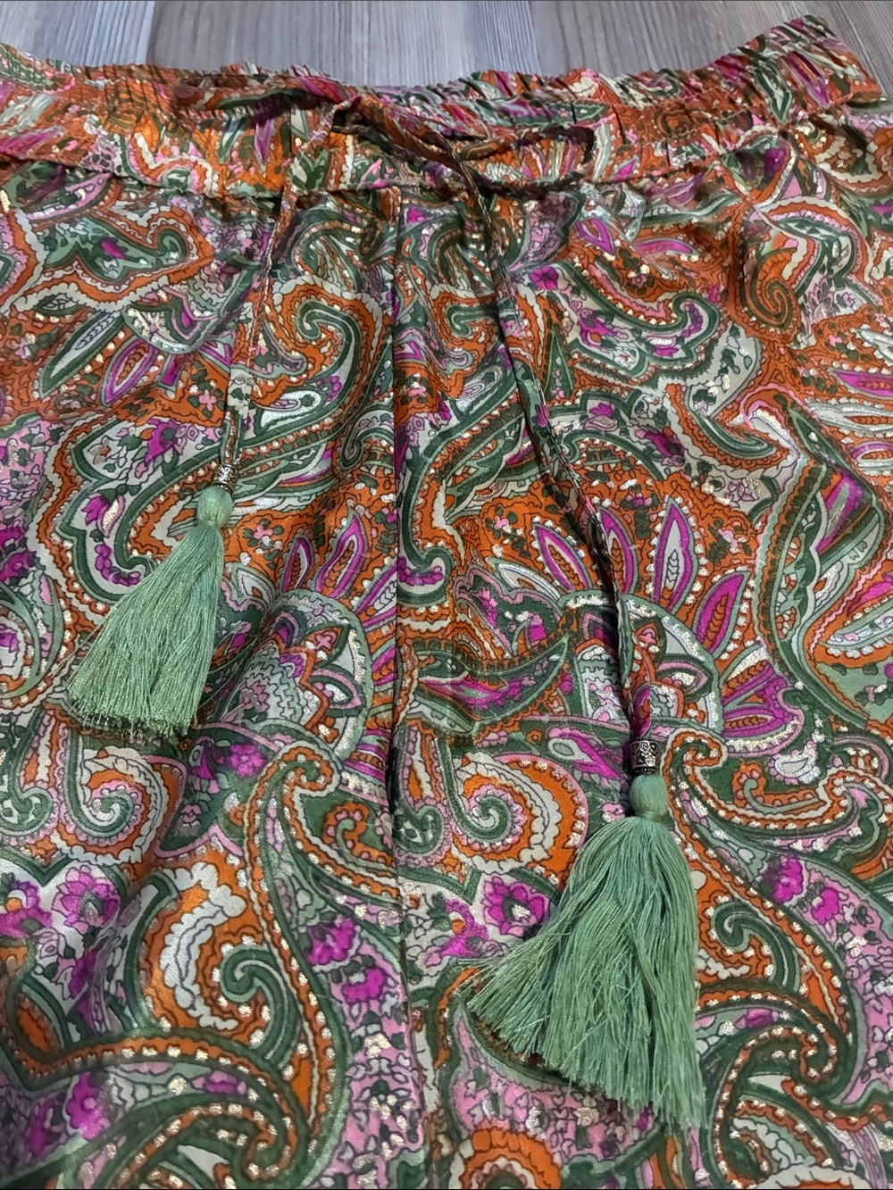 Chelsea & Theodore Paisley print Wide leg Pants Drawstring waist Tassels Women S - Picture 4 of 11